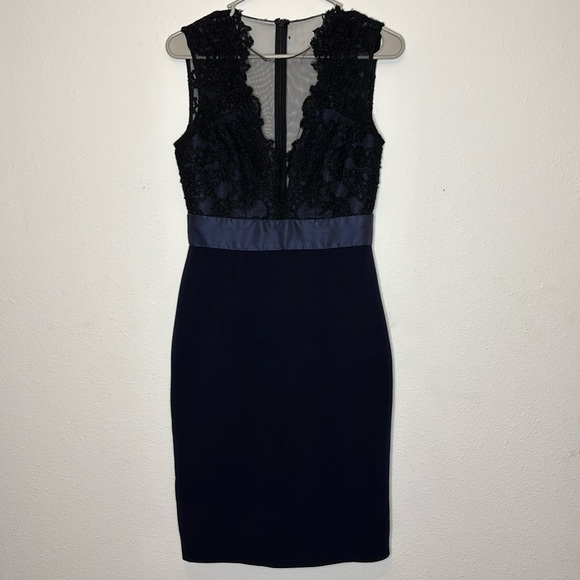 THEIA size DEEP MIDNIGHT SHEATH DRESS MIDI NAVY WITH BLACK LACE